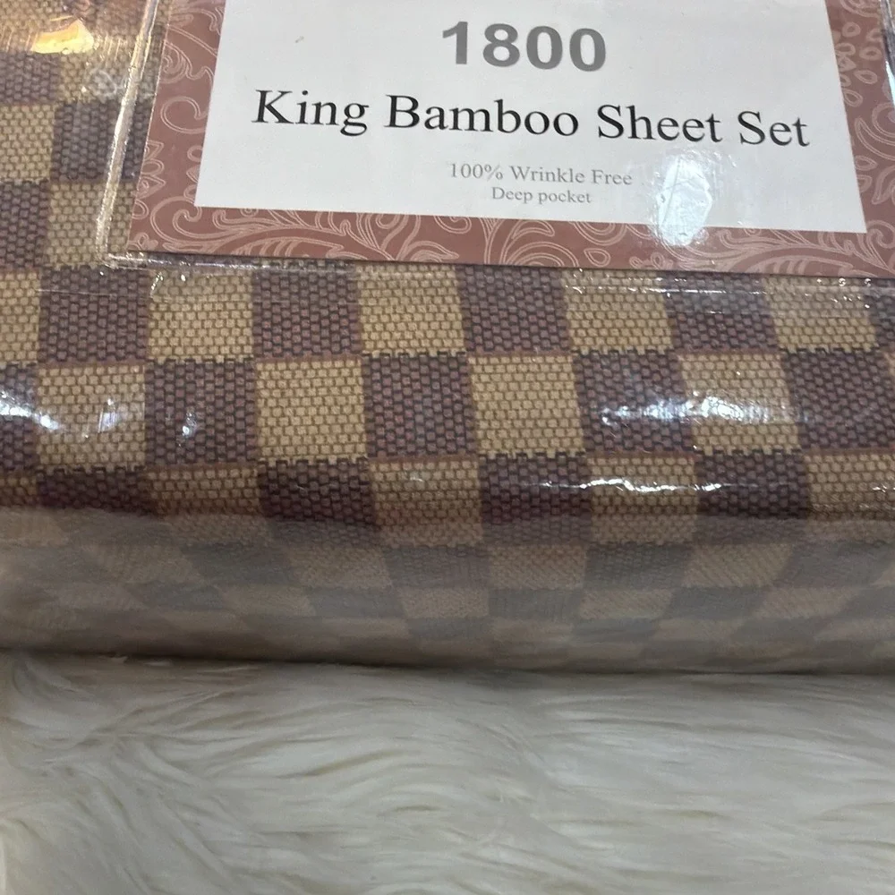 Mrs Bella Home King Bamboo Sheet Set 4-Piece Brown Check Pattern